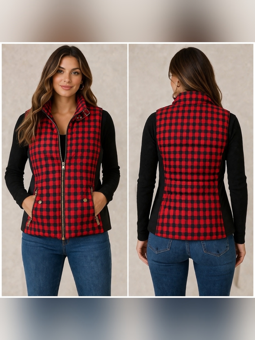 Red Black Plaid Quilted Zip Puffer Vest Small NWOT